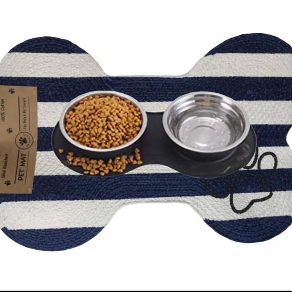 HOST PICK⭐️ Striped Blue & White Striped 100% Cotton Bone-Shaped Dog Dinner Mat - Picture 2 of 9